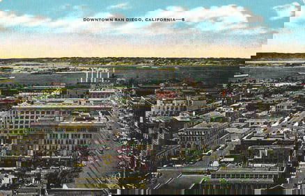 Linen postcard showing an elevated view of Downtown San Diego, California, with the bay beyond,