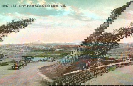 Postcard showing early automobiles driving on the scenic Torrey Pines Grade road in San Diego,