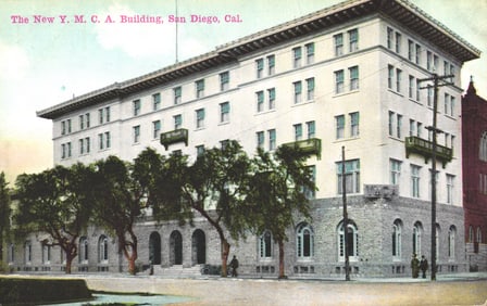 Postcard of The New Y.M.C.A. Building, a street-level view in San Diego, California, circa 1910s.
