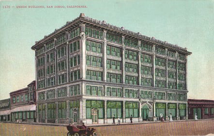 Postcard of the Union Building in San Diego, California, showing a street view with an early car c.