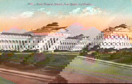 Postcard view of the State Normal School in San Diego, California with a 1915 Panama-California Expo