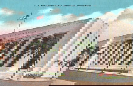 Linen Postcard of the United States Post Office building in San Diego, California from the
