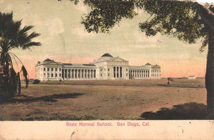 Postcard showing the sprawling State Normal School building and campus grounds in San Diego,