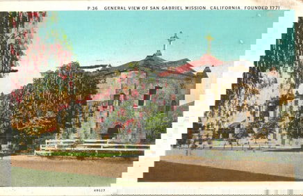 Postcard General View of the historic San Gabriel Mission, founded 1771, in San Gabriel, California