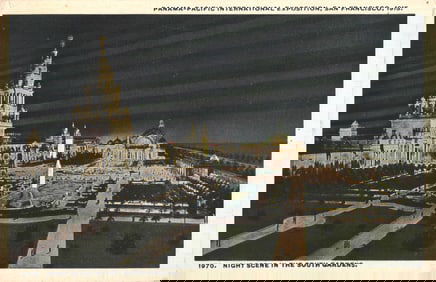 Postcard of South Gardens at night, Panama-Pacific International Exposition, San Francisco,