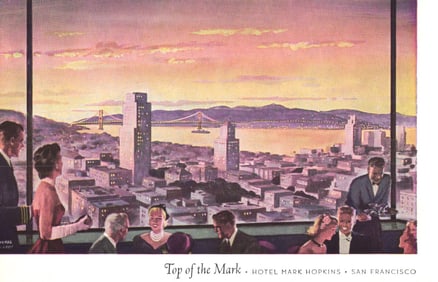 Postcard view from the Top of the Mark cocktail lounge at Hotel Mark Hopkins, San Francisco,