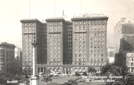 Postcard view of the famous St. Francis Hotel on Union Square in downtown San Francisco, California