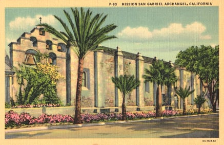 Linen postcard showing the facade of Mission San Gabriel Archangel with palm trees, California c.