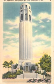 Linen postcard of the iconic Coit Memorial Tower on Telegraph Hill, San Francisco, California c.