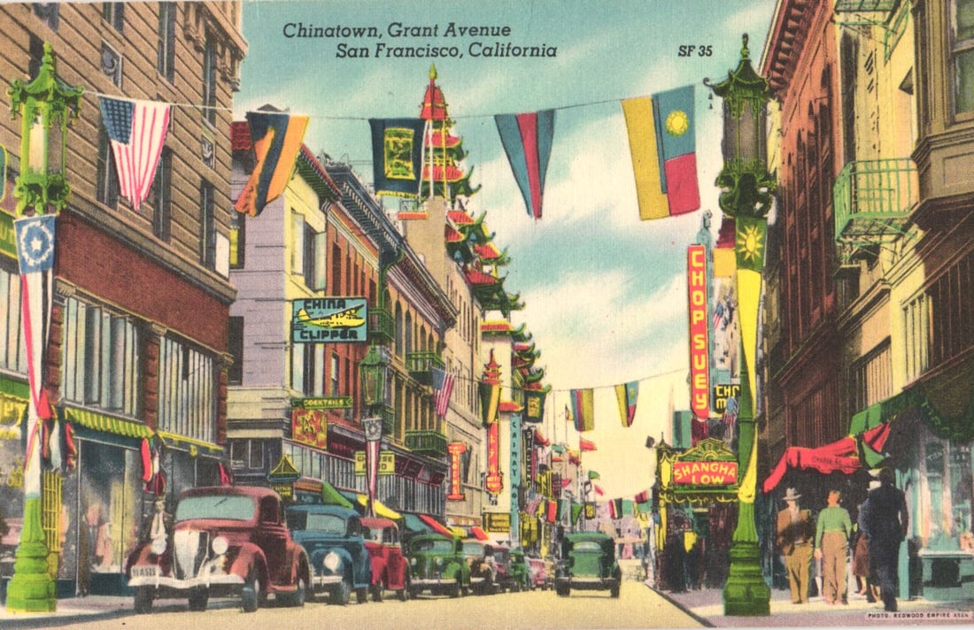 Linen postcard of Chinatown's Grant Avenue in San Francisco, California with classic cars, flags.: You are bidding on an original postcard and not a reprint. Please view photos for further description and condition considerations. Please know the scans may be darker or lighter than the actual item'