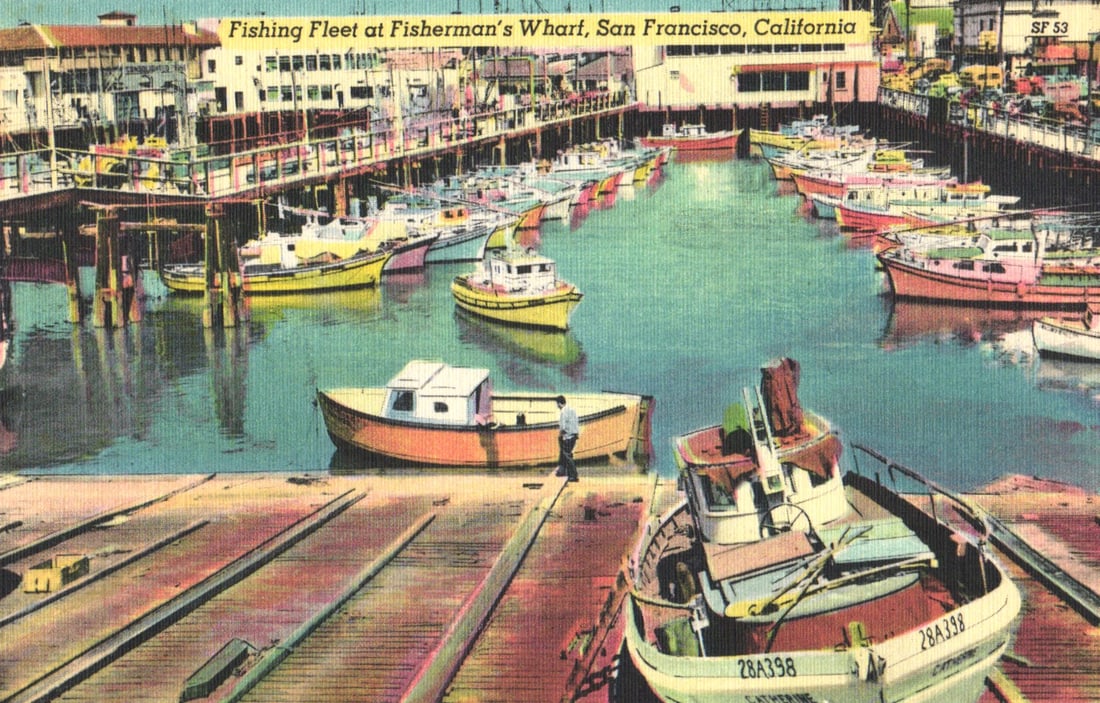Postcard showing the fishing fleet at anchor at Fisherman's Wharf, San Francisco, California c. 1949: You are bidding on an original postcard and not a reprint. Please view photos for further description and condition considerations. Please know the scans may be darker or lighter than the actual item'