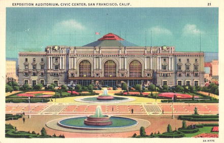 Linen postcard view of the Exposition Auditorium and fountains in Civic Center, San Francisco,