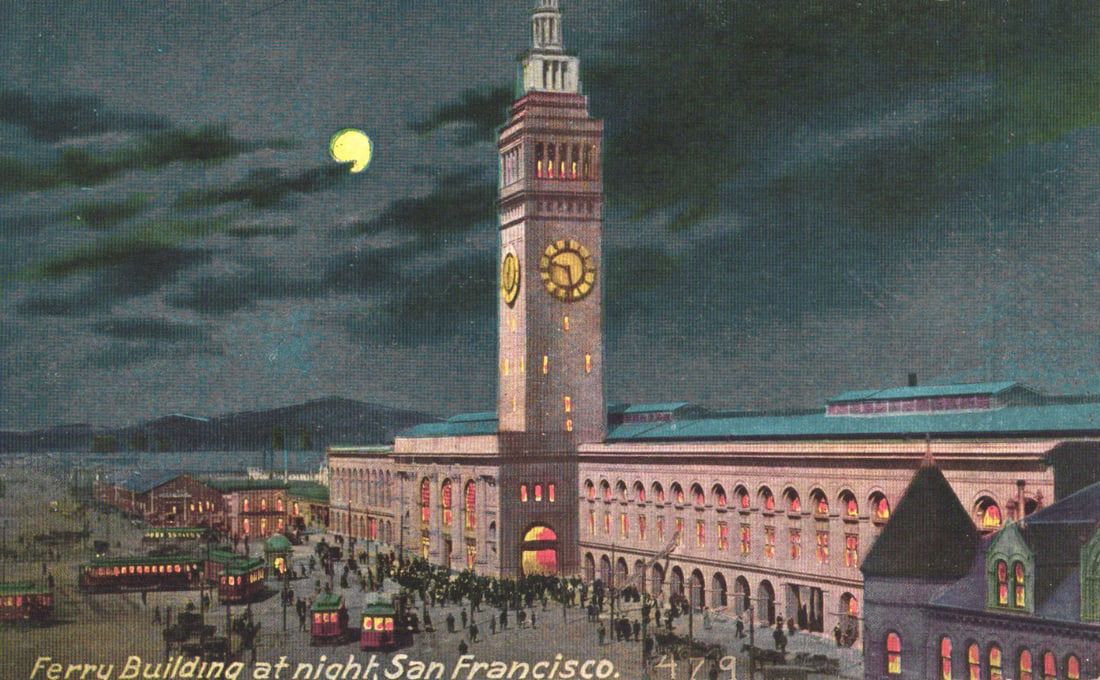Postcard view of the Ferry Building at night with streetcars in San Francisco, California circa (1 of 2)