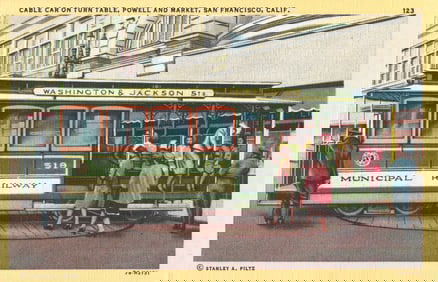 Postcard of Municipal Railway Cable Car on the turntable at Powell & Market, San Francisco,