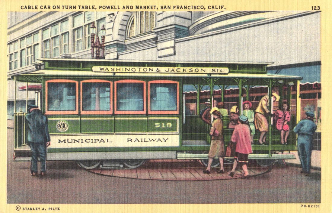 Postcard of Municipal Railway Cable Car on the turntable at Powell & Market, San Francisco, (1 of 2)