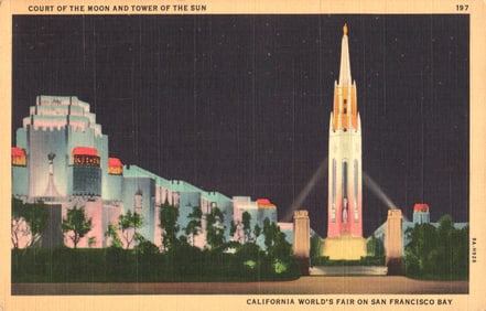 Postcard of the illuminated Court of the Moon and Tower of the Sun, California World's Fair 1939.