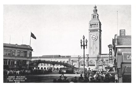 Postcard scene of the Ferry Building on Market Street with bustling crowds, San Francisco,