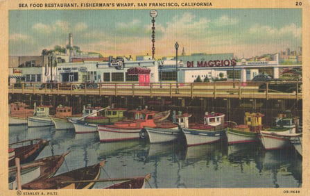 Postcard of Di Maggio's Restaurant and fishing boats at Fisherman's Wharf, San Francisco, California