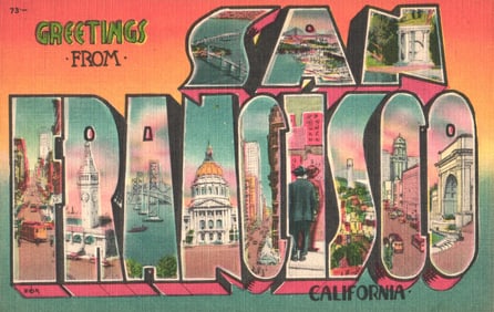 Greetings from San Francisco, California postcard with a large letter multi-view design circa 1940s
