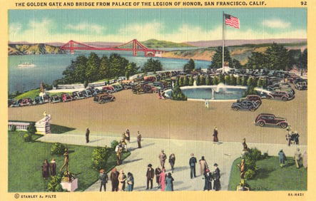Linen postcard view of Golden Gate Bridge from Palace of the Legion of Honor, San Francisco,