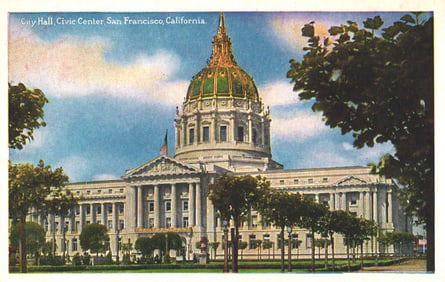 Postcard showing the grand City Hall in the Civic Center of San Francisco, California, c. 1920s.