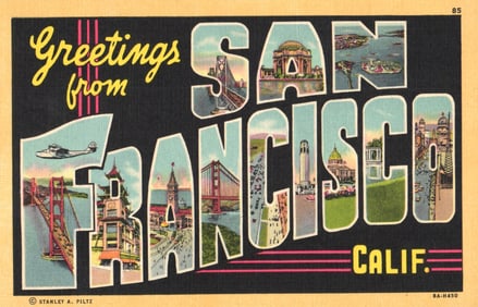 Linen postcard Greetings from San Francisco, California with views of Golden Gate Bridge era 1930s