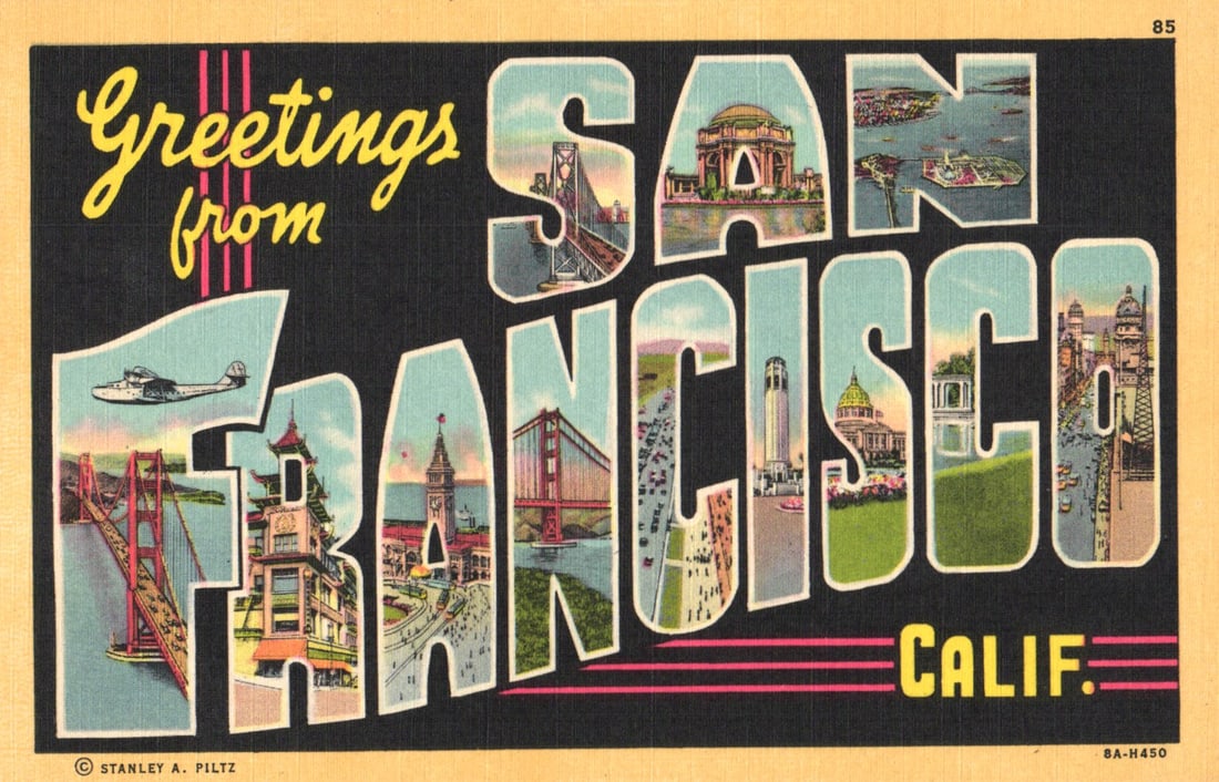 Linen postcard Greetings from San Francisco, California with views of Golden Gate Bridge era 1930s: You are bidding on an original postcard and not a reprint. Please view photos for further description and condition considerations. Please know the scans may be darker or lighter than the actual item'