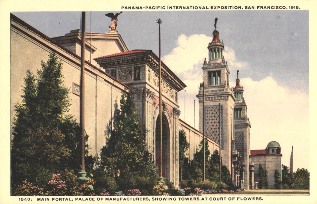 Postcard showing Main Portal of the Palace of Manufacturers at the 1915 San Francisco Expo, (1 of 2)