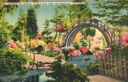 Postcard of Japanese Tea Garden arched bridge in Golden Gate Park, San Francisco, California.