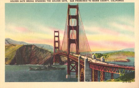 Linen postcard of the Golden Gate Bridge spanning the Golden Gate, San Francisco, California c.