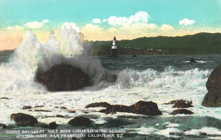 Linen postcard showing Giant Breakers at Mile Rock Light across Golden Gate, San Francisco,