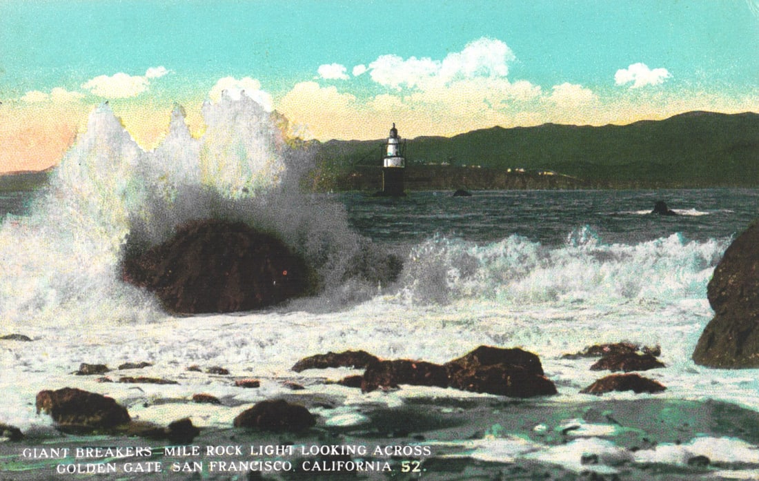 Linen postcard showing Giant Breakers at Mile Rock Light across Golden Gate, San Francisco,: You are bidding on an original postcard and not a reprint. Please view photos for further description and condition considerations. Please know the scans may be darker or lighter than the actual item'