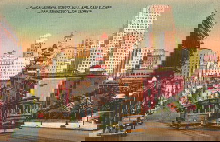 Linen postcard showing California Street Hill cityscape and Cable Cars in San Francisco, California
