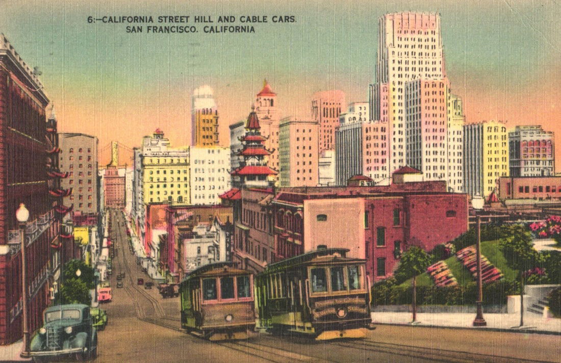 Linen postcard showing California Street Hill cityscape and Cable Cars in San Francisco, California: You are bidding on an original postcard and not a reprint. Please view photos for further description and condition considerations. Please know the scans may be darker or lighter than the actual item'