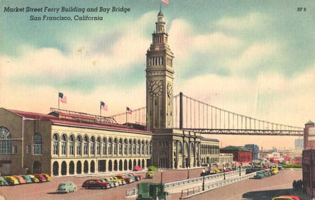 Linen postcard view of the Market Street Ferry Building and Bay Bridge in San Francisco, California.