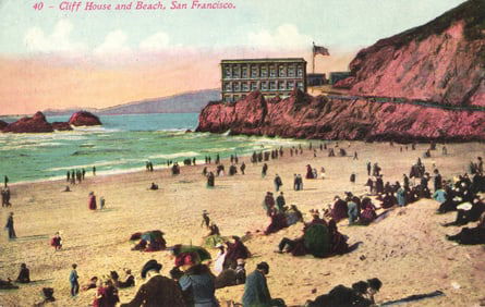 Early 1900s postcard view of the iconic Cliff House and Ocean Beach, San Francisco, California.