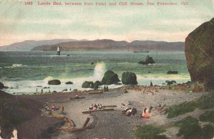 Postcard showing beachgoers at Lands End near Cliff House, early 1900s San Francisco, California.