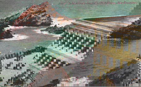 Postcard view of Seal Rocks from the Cliff House in San Francisco, California. People on promenade.