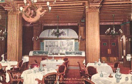 Postcard showing the ornate dining room and Electric Grill, Hotel St. Francis, San Francisco,