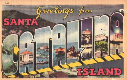 Linen postcard "Greetings from Santa Catalina Island," California, large-letter view of Casino &