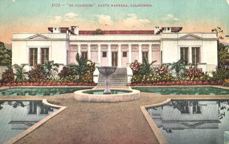 Postcard showing the "El Fureides" estate with gardens and fountain, Santa Barbara, California c.