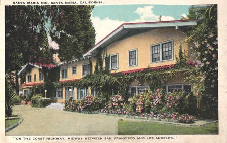 Color postcard showing the Santa Maria Inn on the Coast Highway in Santa Maria, California c. 1920s
