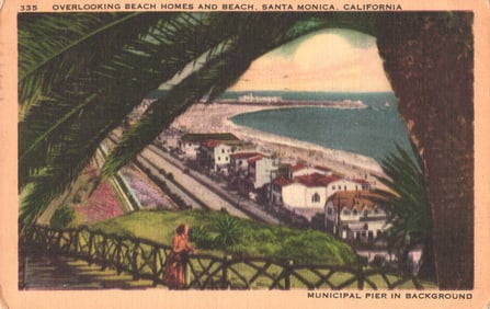 Linen postcard overlooking beach homes and the Municipal Pier in Santa Monica, California, circa