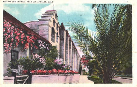 Postcard of Mission San Gabriel Arcángel with belfry and blooming bougainvillea, California c.