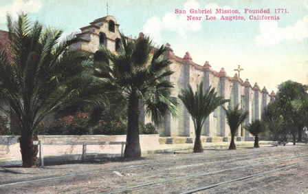 Postcard showing the historic San Gabriel Mission, founded 1771, in Los Angeles, California c.1910s