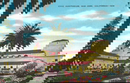 Linen postcard of the Civic Auditorium with palm trees and colorful gardens, San Jose, California