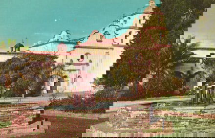 Union Oil 76 Postcard showing the San Luis Rey Mission and its fountain near Oceanside, California