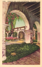 Postcard showing the garden courtyard at Mission San Juan Capistrano, California seen through