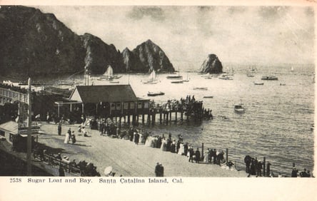 Postcard showing Sugar Loaf Rock, the bay and pier at Santa Catalina Island, California c. 1905.