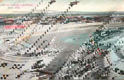 Postcard view from the pier of the ship Cabrillo with crowds of people in Venice, California c.